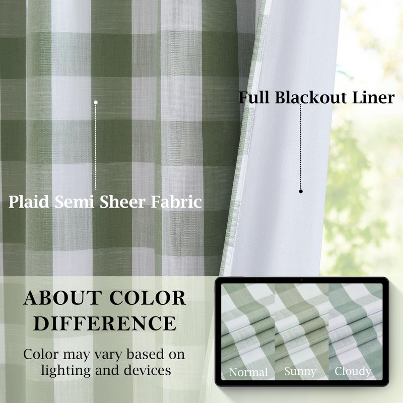 Bapawfish 84 Inch Sage Green Buffalo Plaid Full Blackout Curtains,Farmhouse Living Room Bedroom Panels,Darkening Thermal Insulated Double-Layer Drapes,Rod Pocket Back Tabs,40" Wx84 Lx2 - Image 2