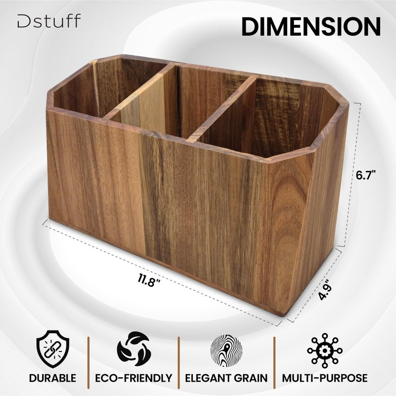 Dstuff Large Kitchen Utensil Holder for Countertop â€“ Acacia Wood Utensil Organizer with 3 Compartments, Beveled Edges Design, Non-Slip Silicone Pads & Drain Hole â€“ Rustic Farmhouse Utensil Caddy Crock - Image 2