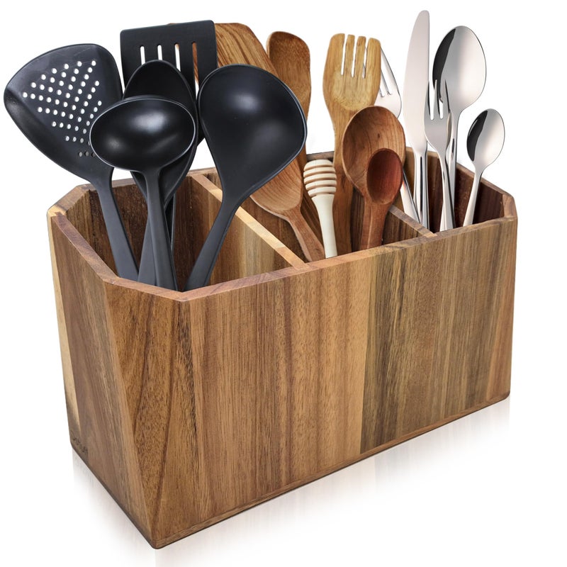 Dstuff Large Kitchen Utensil Holder for Countertop â€“ Acacia Wood Utensil Organizer with 3 Compartments, Beveled Edges Design, Non-Slip Silicone Pads & Drain Hole â€“ Rustic Farmhouse Utensil Caddy Crock - Image 1