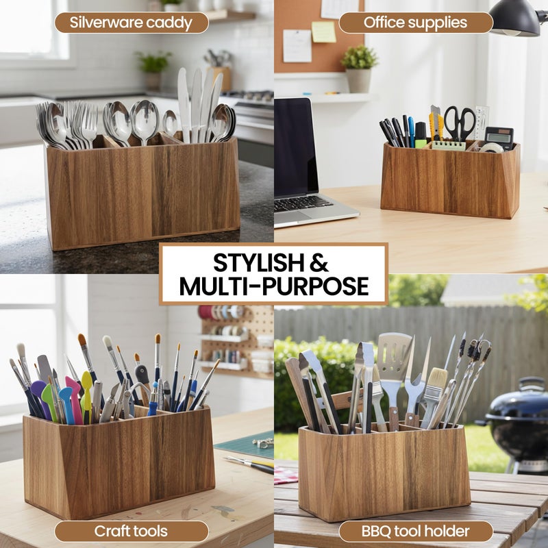 Dstuff Large Kitchen Utensil Holder for Countertop â€“ Acacia Wood Utensil Organizer with 3 Compartments, Beveled Edges Design, Non-Slip Silicone Pads & Drain Hole â€“ Rustic Farmhouse Utensil Caddy Crock - Image 5