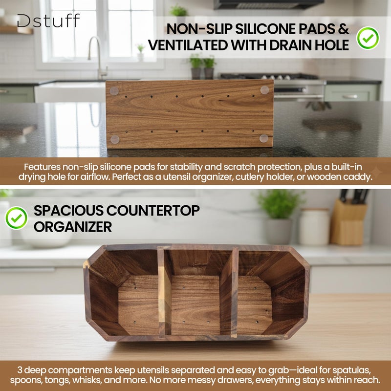 Dstuff Large Kitchen Utensil Holder for Countertop â€“ Acacia Wood Utensil Organizer with 3 Compartments, Beveled Edges Design, Non-Slip Silicone Pads & Drain Hole â€“ Rustic Farmhouse Utensil Caddy Crock - Image 4