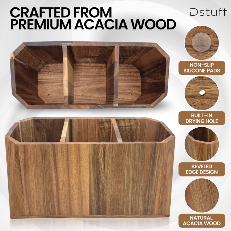 Dstuff Large Kitchen Utensil Holder for Countertop â€“ Acacia Wood Utensil Organizer with 3 Compartments, Beveled Edges Design, Non-Slip Silicone Pads & Drain Hole â€“ Rustic Farmhouse Utensil Caddy Crock - Image 3