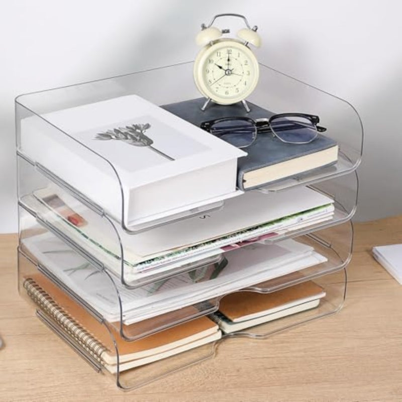 4 Pack Paper Organizer Letter Tray Clear Desk Organizer, Clear PET Desk Rrganizer for Magazines, Binders, Notebooks, Envelopes, Multi-Purpose Plastic Paper Tray Organizer - Image 3
