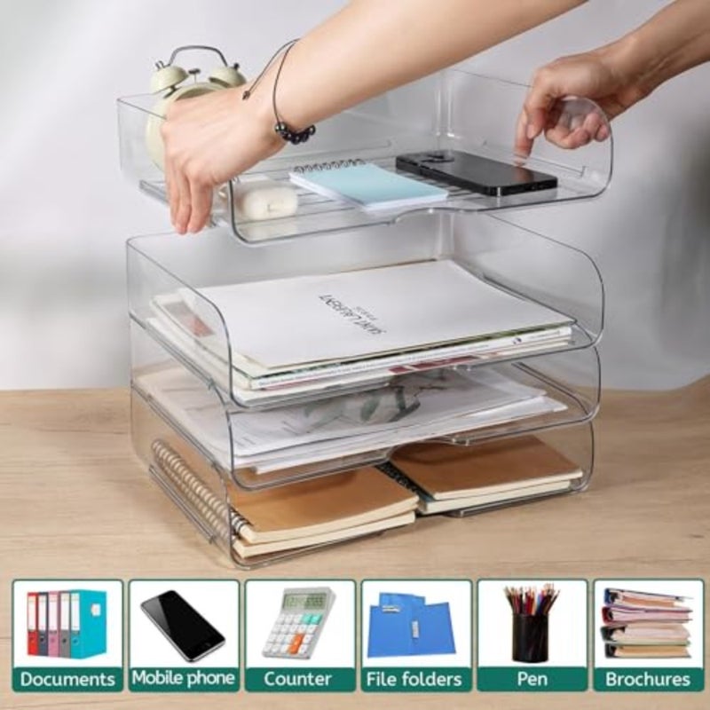4 Pack Paper Organizer Letter Tray Clear Desk Organizer, Clear PET Desk Rrganizer for Magazines, Binders, Notebooks, Envelopes, Multi-Purpose Plastic Paper Tray Organizer - Image 5