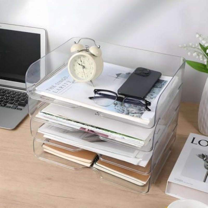 4 Pack Paper Organizer Letter Tray Clear Desk Organizer, Clear PET Desk Rrganizer for Magazines, Binders, Notebooks, Envelopes, Multi-Purpose Plastic Paper Tray Organizer - Image 4