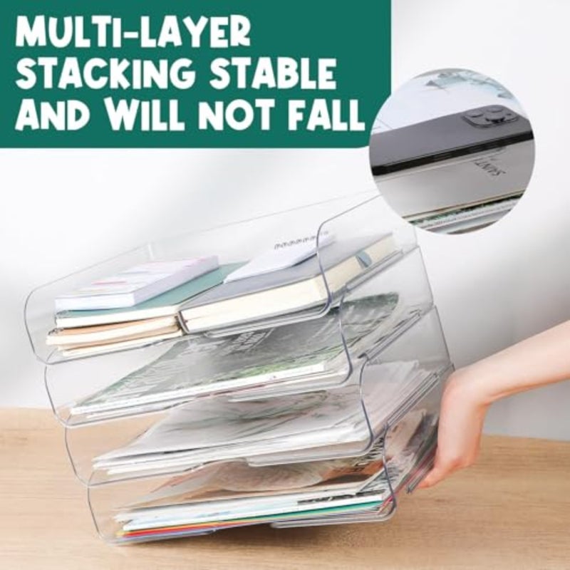 4 Pack Paper Organizer Letter Tray Clear Desk Organizer, Clear PET Desk Rrganizer for Magazines, Binders, Notebooks, Envelopes, Multi-Purpose Plastic Paper Tray Organizer - Image 2