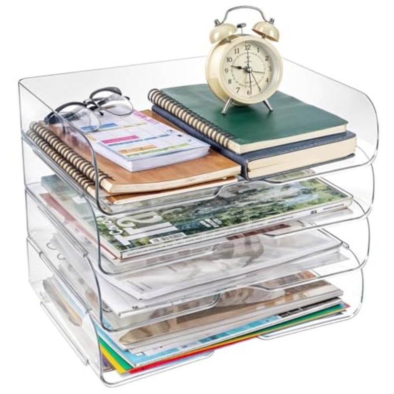 4 Pack Paper Organizer Letter Tray Clear Desk Organizer, Clear PET Desk Rrganizer for Magazines, Binders, Notebooks, Envelopes, Multi-Purpose Plastic Paper Tray Organizer - Image 1