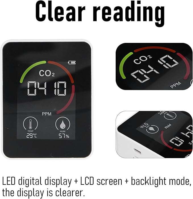Smart Carbon Dioxide Detector USB Charging Infrared Temperature Humidity Air Quality Monitor with LED Display for Home Laboratory Greenhouse ABS 9x7x4cm (White) White - Image 4