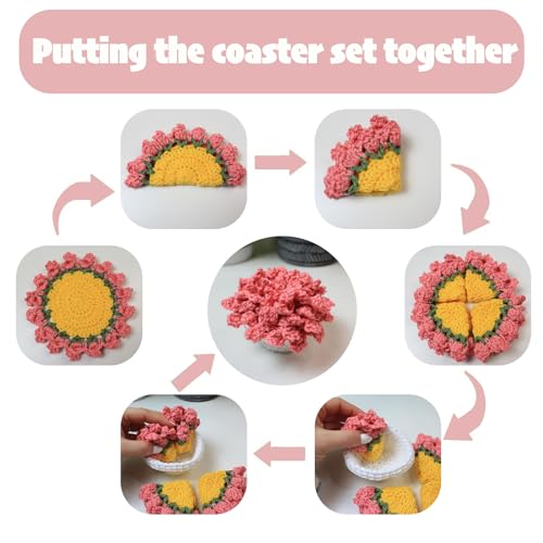 Agromusk Cute Coasters Set of 4,Funny Pink Flower Coasters,Crochet Plant Pot Coaster Set for Drinks with Flowerpot Holder,Fun Soft Decorative Coasters Housewarming for New Home Bar Desk - Image 4