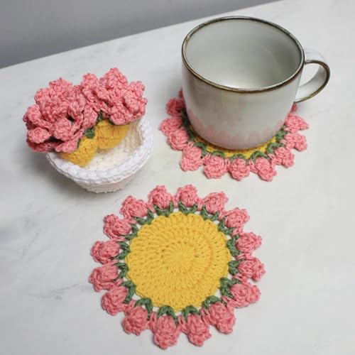 Agromusk Cute Coasters Set of 4,Funny Pink Flower Coasters,Crochet Plant Pot Coaster Set for Drinks with Flowerpot Holder,Fun Soft Decorative Coasters Housewarming for New Home Bar Desk - Image 1