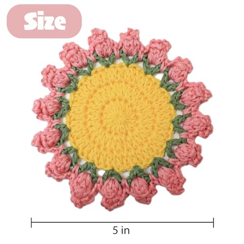 Agromusk Cute Coasters Set of 4,Funny Pink Flower Coasters,Crochet Plant Pot Coaster Set for Drinks with Flowerpot Holder,Fun Soft Decorative Coasters Housewarming for New Home Bar Desk - Image 3