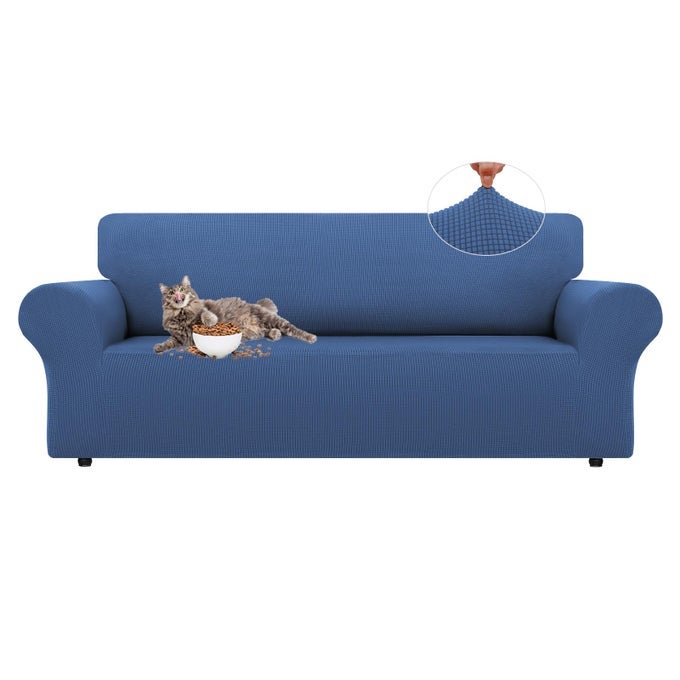 STRETCH SOFA SLIPCOVERS 1 PIECE COUCH COVERS FOR 3 CUSHION COUCH SOFA FURNITURE PROTECTOR FULL SOFA COVERS WITH ELASTIC BOTTOM FOR KIDS AND DOG LARGE BLUE