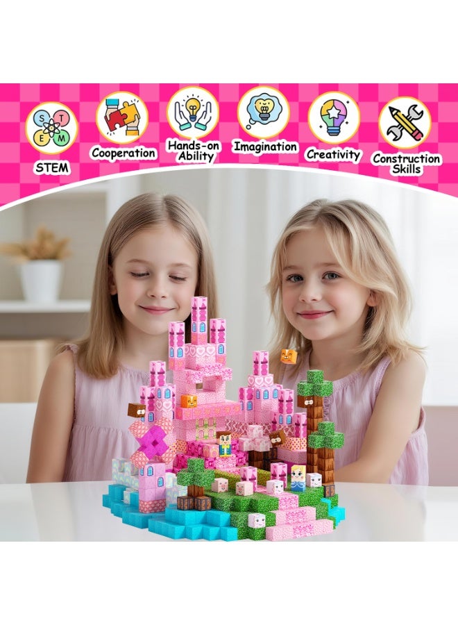 VTERLY Magnetic Blocks - 150PCS Magnetic Building Block Cubes, Magnet Blocks Castle Princess Toy Building Sets for Kids, STEM Stacking Magnets Toys, Easter Birthday Gift for Boys Girls Age 3+ - Image 5