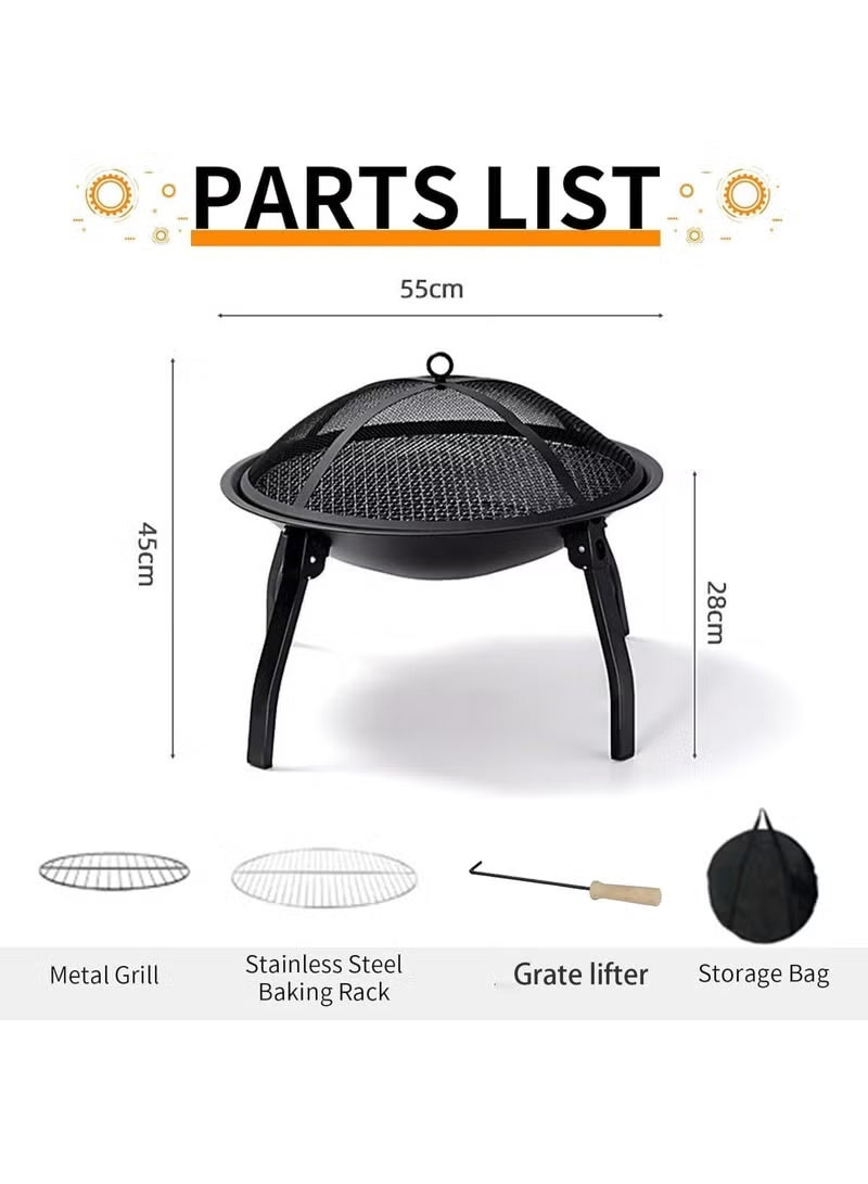 CME Portable Wood Burning Fire Pit, 55cm Round Steel with Folding Legs, Includes Spark Screen & Lift Tool for Camping & BBQ - Image 1