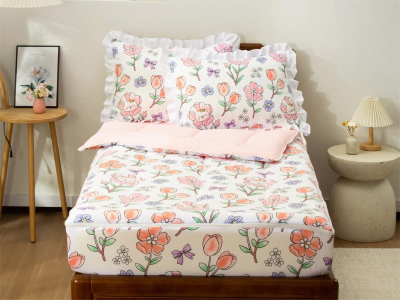 Aimuan Aimua Flower Zipper Bedding Set - Cute Rabbit Zippered Comforter for Girls, All in one Zipper Bedding (Twin, Light-Beige) - Image 4