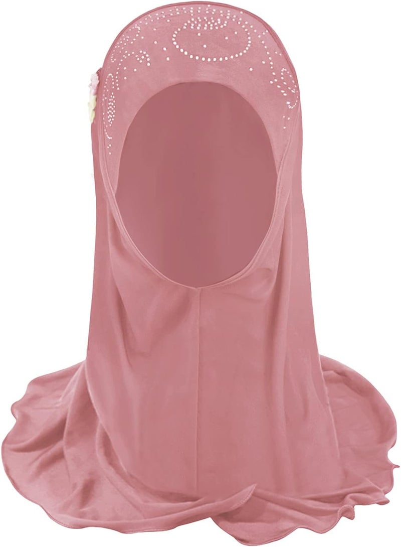 NICEYST Girls Ice Silk Muslim Khimar Hijab Headscarf Flower Arab Scarf Shawls Neck Wrap Islamic Head Wrap for Age 2-7 Years - Image 3