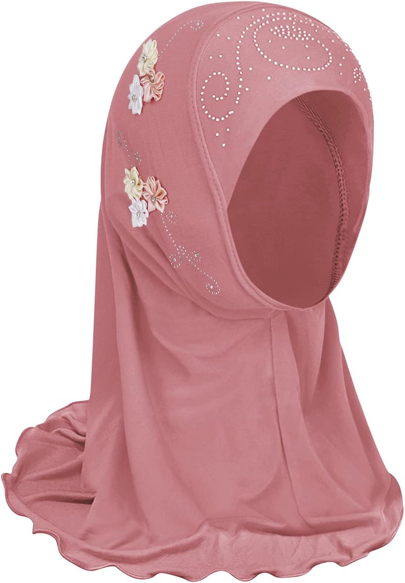NICEYST Girls Ice Silk Muslim Khimar Hijab Headscarf Flower Arab Scarf Shawls Neck Wrap Islamic Head Wrap for Age 2-7 Years - Image 1