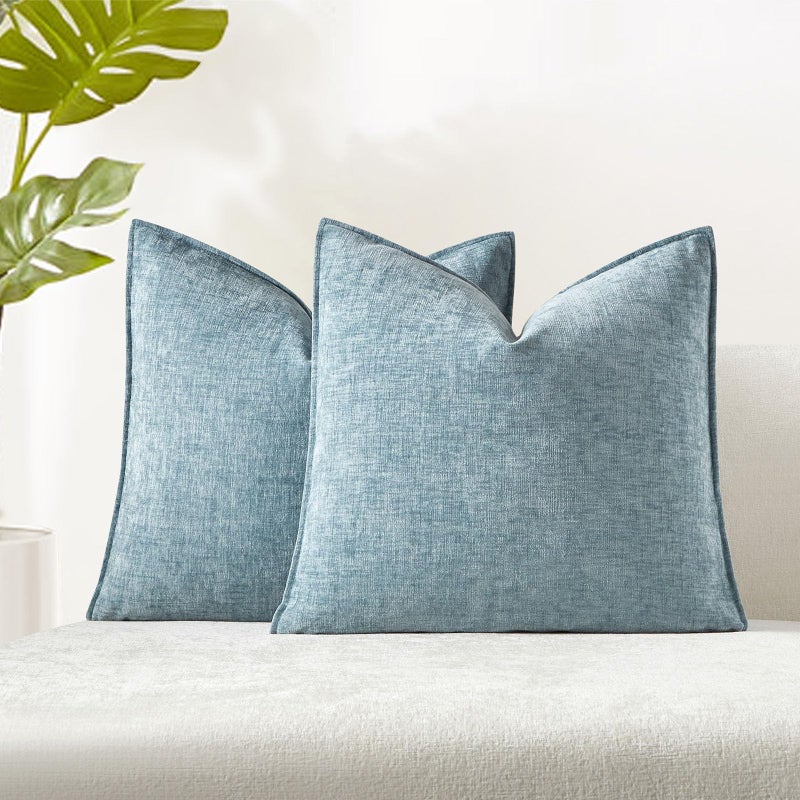 JUSPURBET Set of 2 Light Blue Chenille Throw Pillow Covers 24x24 Inch Soft Textured Decorative Cushion Cases for Couch Sofa Bed Solid Home Decor Pillowcases - Image 1