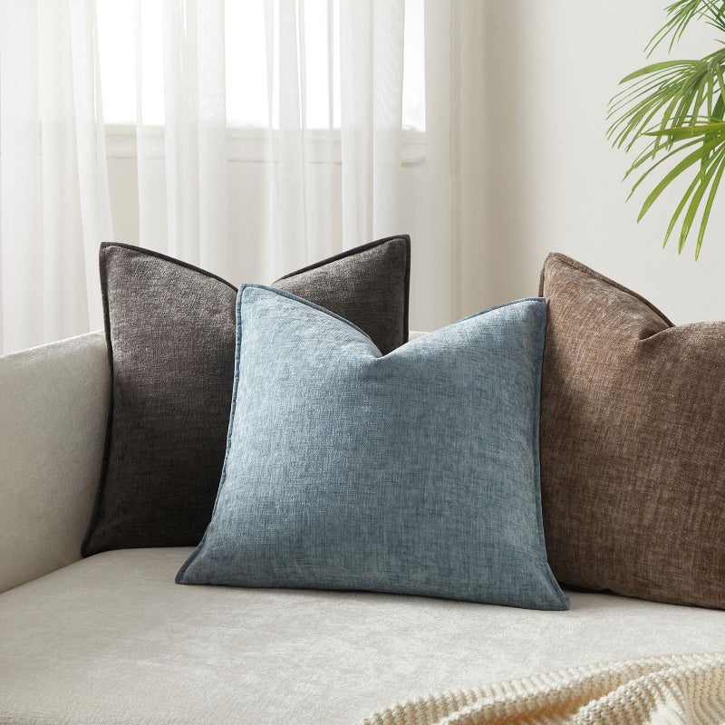 JUSPURBET Set of 2 Light Blue Chenille Throw Pillow Covers 24x24 Inch Soft Textured Decorative Cushion Cases for Couch Sofa Bed Solid Home Decor Pillowcases - Image 2