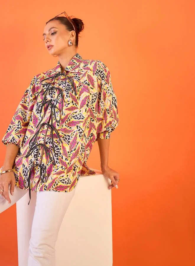 أبتاوني بلوزة طويلة مطبعة بالكامل مع أربطة