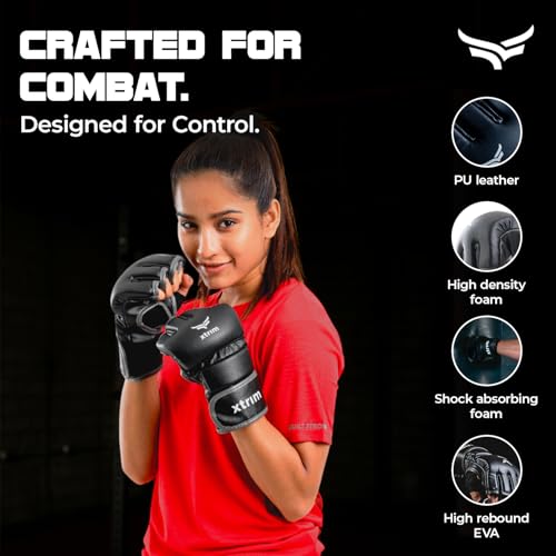 Xtrim MMA Kickboxing Gloves for Men, Half-Finger Length Without Thumb Coverage, Thick Padding, Wrist Support, PU Leather, Breathable Open Palm, Sweat-Wicking, Muay Thai, Taekwondo Training Mitts - Image 3