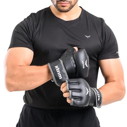 Xtrim MMA Kickboxing Gloves for Men, Half-Finger Length Without Thumb Coverage, Thick Padding, Wrist Support, PU Leather, Breathable Open Palm, Sweat-Wicking, Muay Thai, Taekwondo Training Mitts - Image 1