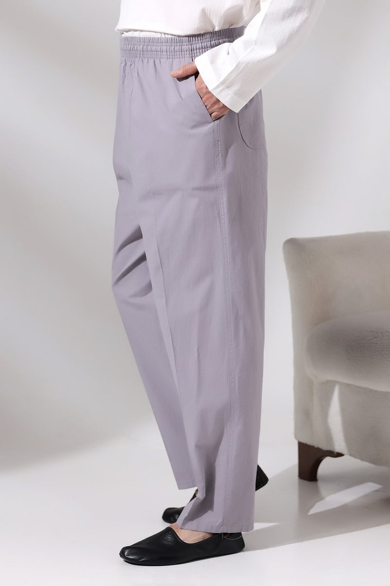 İhvan Online Men's Gray Çınar Casual Cut Elastic Waist Hajj and Umrah Linen Shalwar Trousers  - Image 2