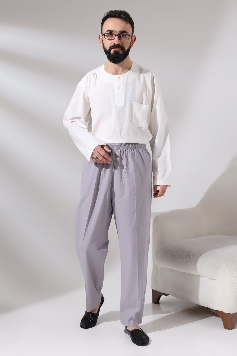 İhvan Online Men's Gray Çınar Casual Cut Elastic Waist Hajj and Umrah Linen Shalwar Trousers  - Image 4