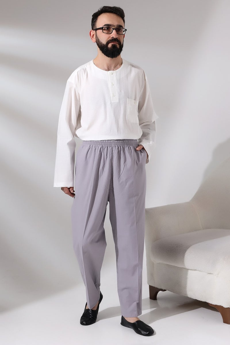 İhvan Online Men's Gray Çınar Casual Cut Elastic Waist Hajj and Umrah Linen Shalwar Trousers  - Image 5