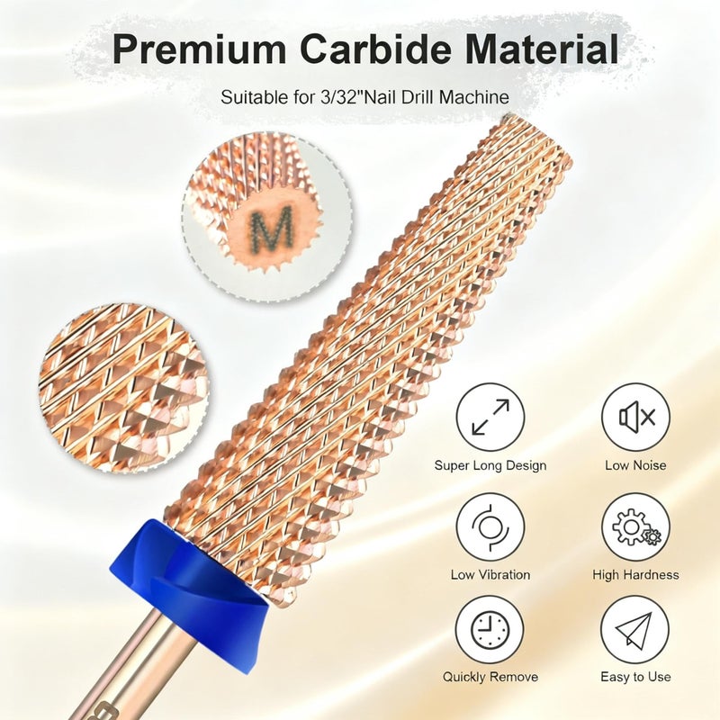Depvko Super Long 5 in 1 Nail Drill Bits, 3/32'' Carbide Tungsten Bits, Two Way Rotate Professional Advanced Safety Bits for Nail, Fast Remove for Manicure Pedicure (Long 5in1-Rose Gold, Medium-M) - Image 2