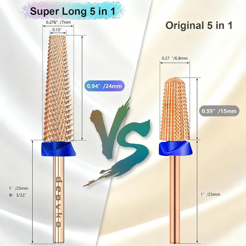 Depvko Super Long 5 in 1 Nail Drill Bits, 3/32'' Carbide Tungsten Bits, Two Way Rotate Professional Advanced Safety Bits for Nail, Fast Remove for Manicure Pedicure (Long 5in1-Rose Gold, Medium-M) - Image 3