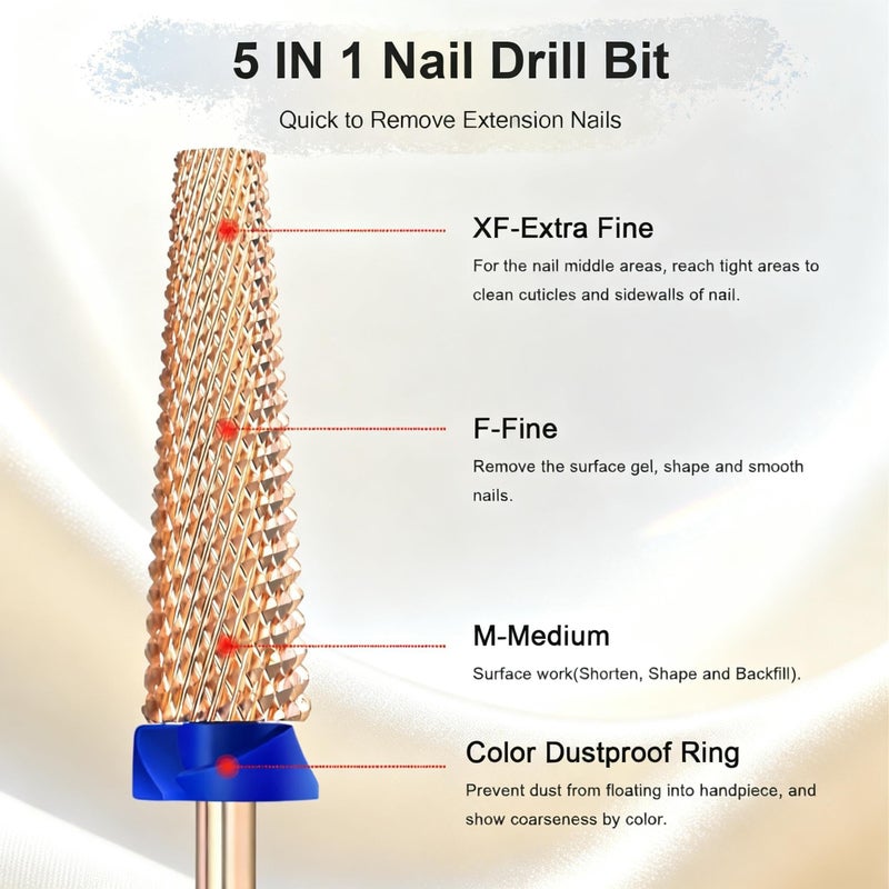 Depvko Super Long 5 in 1 Nail Drill Bits, 3/32'' Carbide Tungsten Bits, Two Way Rotate Professional Advanced Safety Bits for Nail, Fast Remove for Manicure Pedicure (Long 5in1-Rose Gold, Medium-M) - Image 4