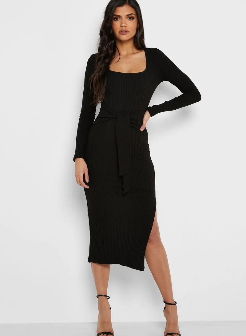TOPSHOP Ribbed Square Neck Belted Dress