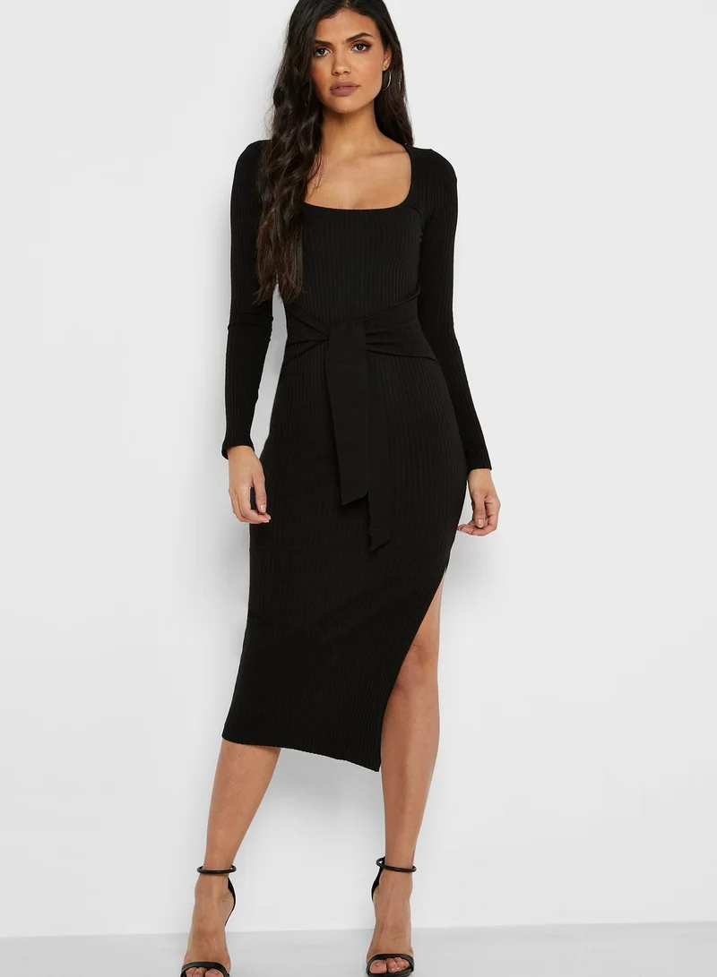 TOPSHOP Ribbed Square Neck Belted Dress
