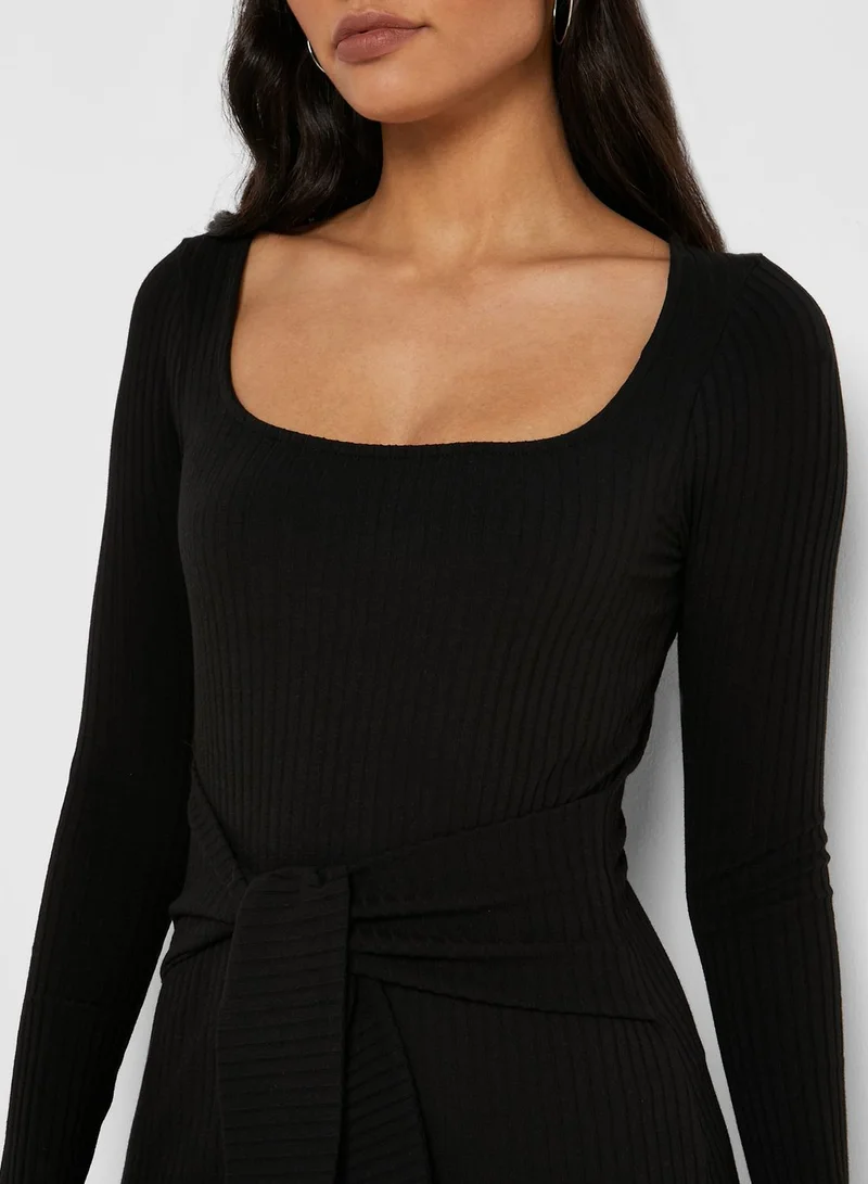 TOPSHOP Ribbed Square Neck Belted Dress