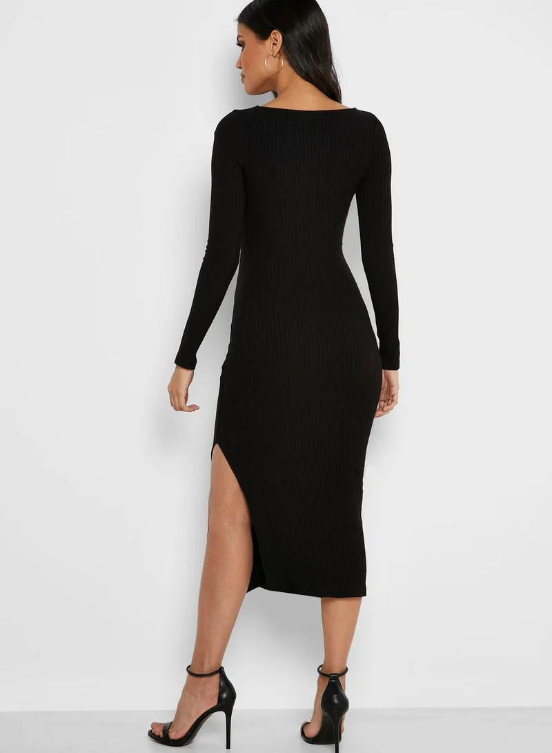 TOPSHOP Ribbed Square Neck Belted Dress