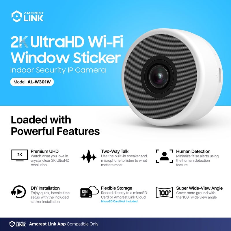 Amcrest Link 3MP 2K Window Camera, 2.4GHz&5GHz WiFi Indoor Camera, AI Human & Motion Detection, Wide Angle 100Â° FOV, Night Vision, 2-Way Audio, Wired Power, Supports MicroSD Upto 128GB - Image 3
