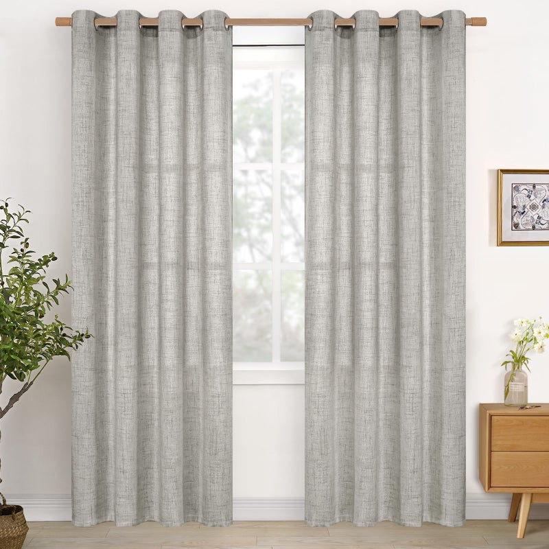 YoungsTex Dark Grey Linen Curtains 84 Inch Length 2 Panels, Light Filtering Semi Sheer Window Treatments with Bronze Grommet Privacy Textured Drapes for Living Room Bedroom Dining, 52 X 84 Inch - Image 1