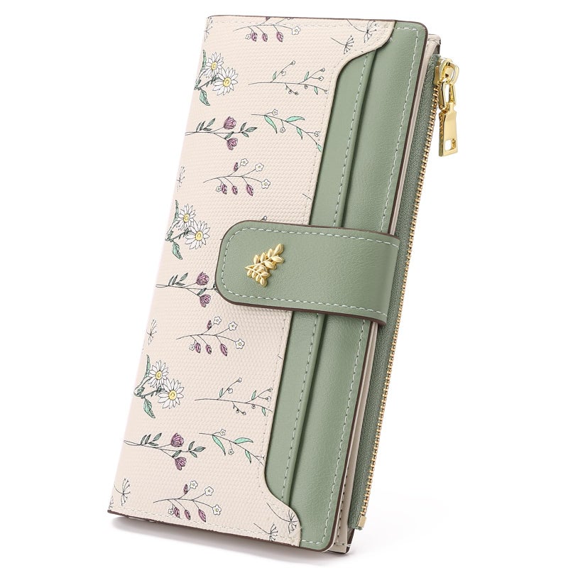 GAEKEAO Womens Wallet Slim Thin RFID Blocking Floral Vegan Leather Card Holder Bifold Long Ladies Wallet with Zipper Pocket - Image 1