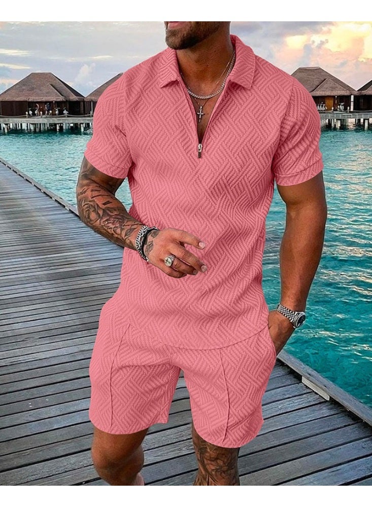 Men's Polo Suit Fashion Men Sets  Summer V-neck Zipper Short Sleeve POLO Shirt+Shorts Two Pieces Men Casual Suit - Image 1