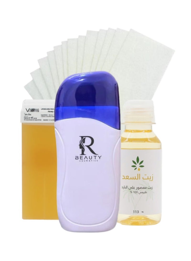 بيوتي ستار مجموعة إزالة الشعر تتكون من جهاز تسخين الشمع الاحترافي وخرطوشة شمع النحل وزيت السعد 113 مل  و100 منديل أبيض
