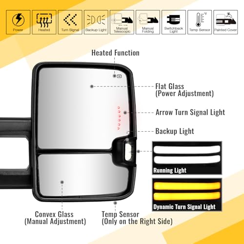 Sanooer Painted Black Towing Mirrors Compatible with 2014-2018 Chevy Silverado GMC Sierra with Switchback Dynamic Turn Light Running Lights Power Glass Backup Heated Pair - Image 2