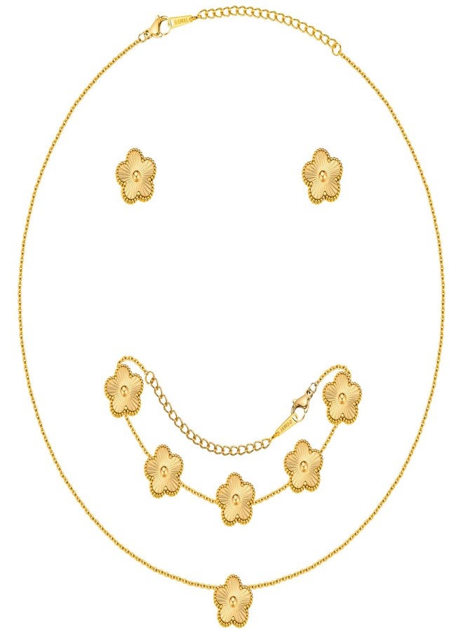 ام بيرينبو طقم قلائد وأساور وأقراط ذهبية - سوار مزين بالزهور مطلي بالذهب عيار 18 قيراطًا، طقم مجوهرات من الفولاذ المقاوم للصدأ بتصميم زهور، هدية مثالية لأعياد الميلاد والكريسماس للأم والزوجة والابنة والصديقة - Image 1