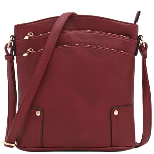ALYSSA Triple Zip Pocket Large Crossbody Bag (Wine) - Image 1