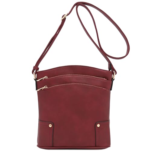 ALYSSA Triple Zip Pocket Large Crossbody Bag (Wine) - Image 2