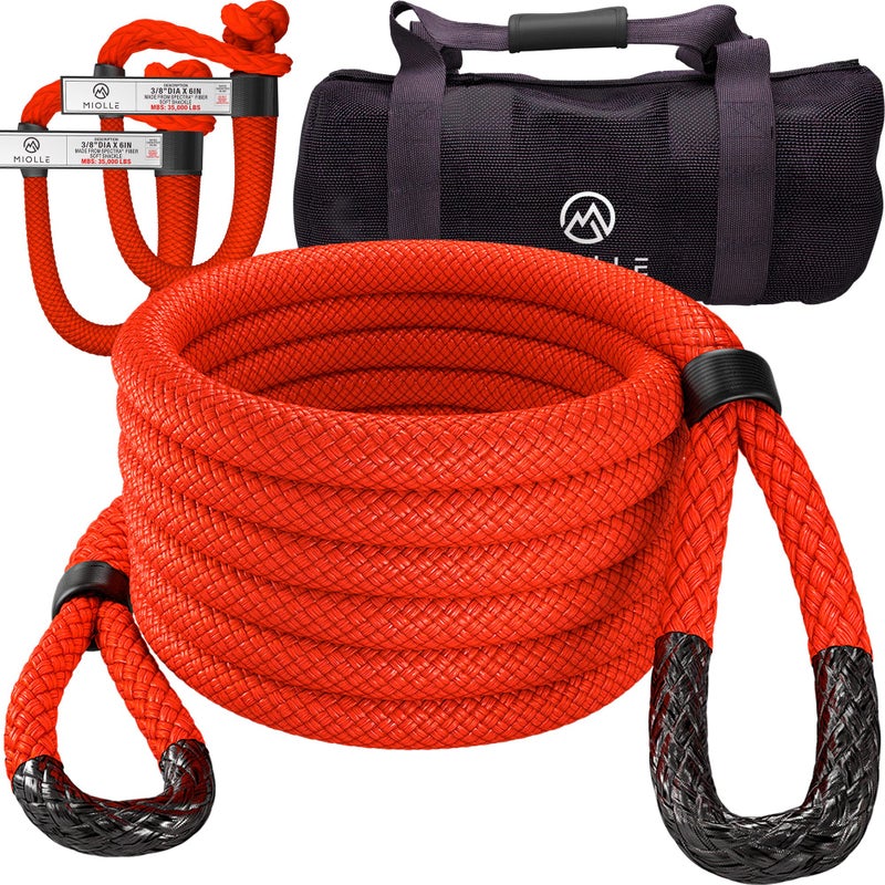 Miolle Heavy Duty Kinetic Recovery Tow Rope with 2 Soft Shackles - Firecracker RED, 1-1/4"x30" (53000 lbs)