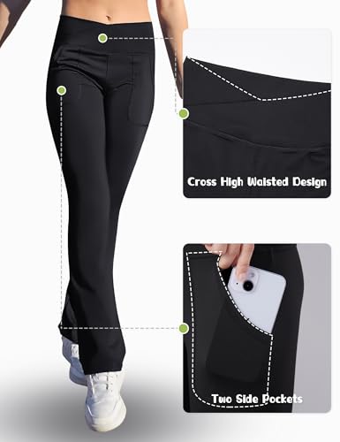 Gnainach Girls Flare Pants Size 9-10 Years Old Black V Cross Waist Kids Bell Bottom Leggings with Pockets for Running School - Image 4