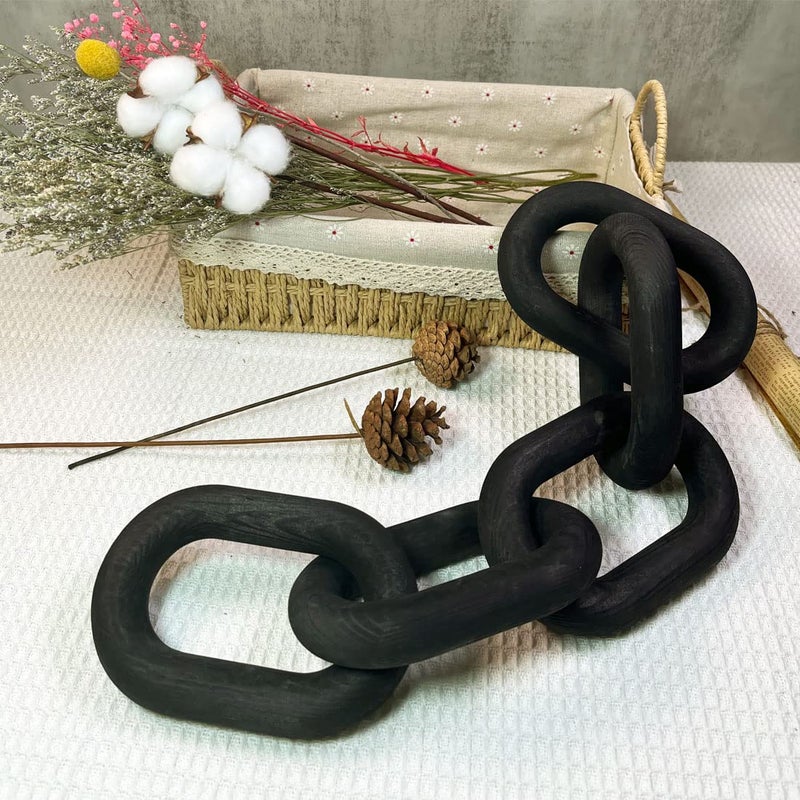 Hanlin Wood Chain Link Decor  Hand Carved Boho Decorative Wood Chain Farmhouse Decor Sustainable Pine Coffee Table Decor Shelf Decor for Home Living Room Black