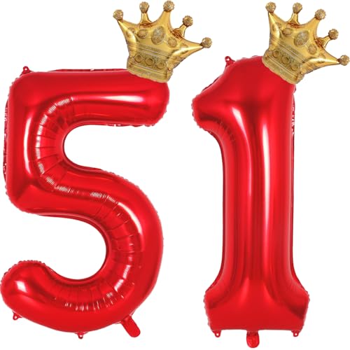 Florisland Red 51 15 Balloon Numbers 40 Inch Giant 51th 15th Birthday Balloon Helium Mylar Foil Number 51 15 Balloons for Red and Gold Birthday Party Decorations Supplies for Men Women Crown Balloons - Image 1