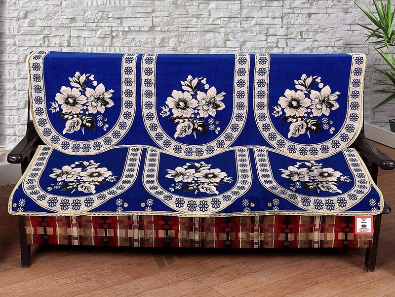 HOMECROWN Beautiful Floral Design 3 Seater Cotton Fabric Sofa Cover Set for Living Room Blue Color 2 Pieces - Image 1
